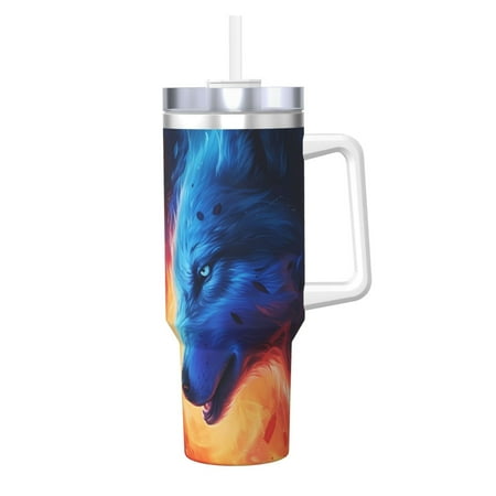 

KLL Red And Blue Fire Wolf Print 40oz Stainless Steel Insulated Car Cup Coffee Mug with Spillproof Lid - Keep Your Drink Hot or Cold on the Go
