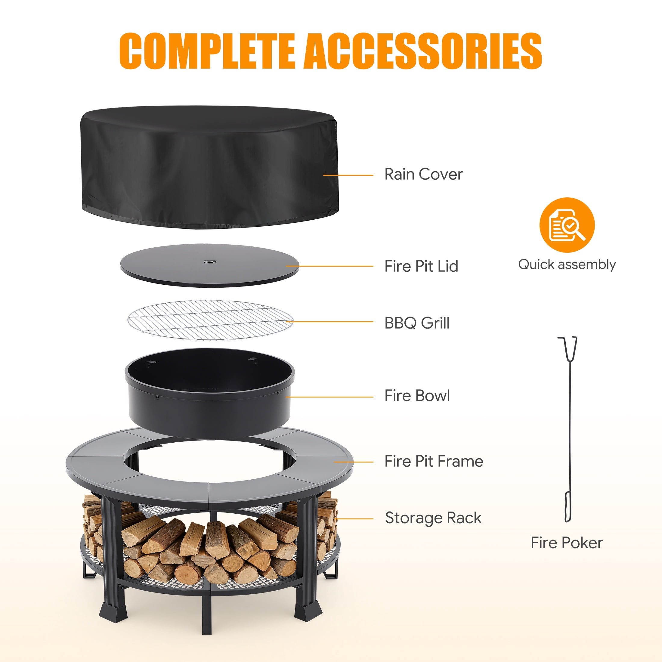 Outdoor Fire Pit, SHINPT 38” Round Wood Burning Fire Pit Table, Outdoor Patio Bowl with Grill Grate, Spark Screen Lid, Poker Tool and Waterproof Cover, for Patio, Backyard, Garden and Camping