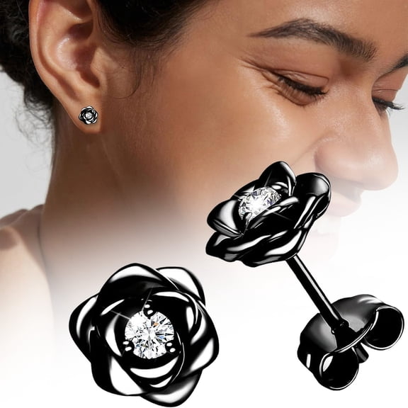 Vivcore Rose Earrings for Women Black Elegant Flower Hypoallergenic Lightweight Jewelry Gift for Anniversary Party