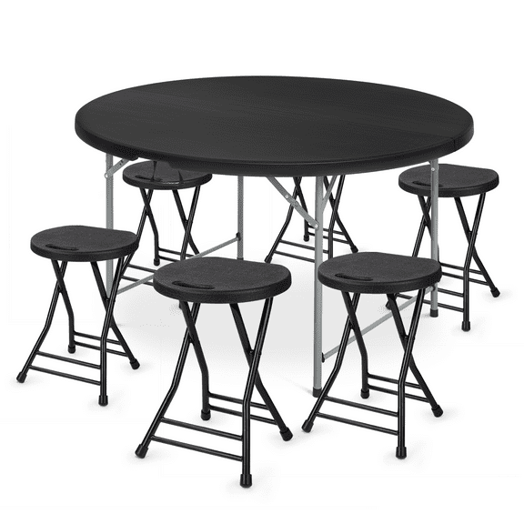 MoNiBloom 7 Pieces 4.5 FT Folding Round Table and Chair Set, Banquet Event Wedding Card Desk with Handle and Foldable Steel Stools