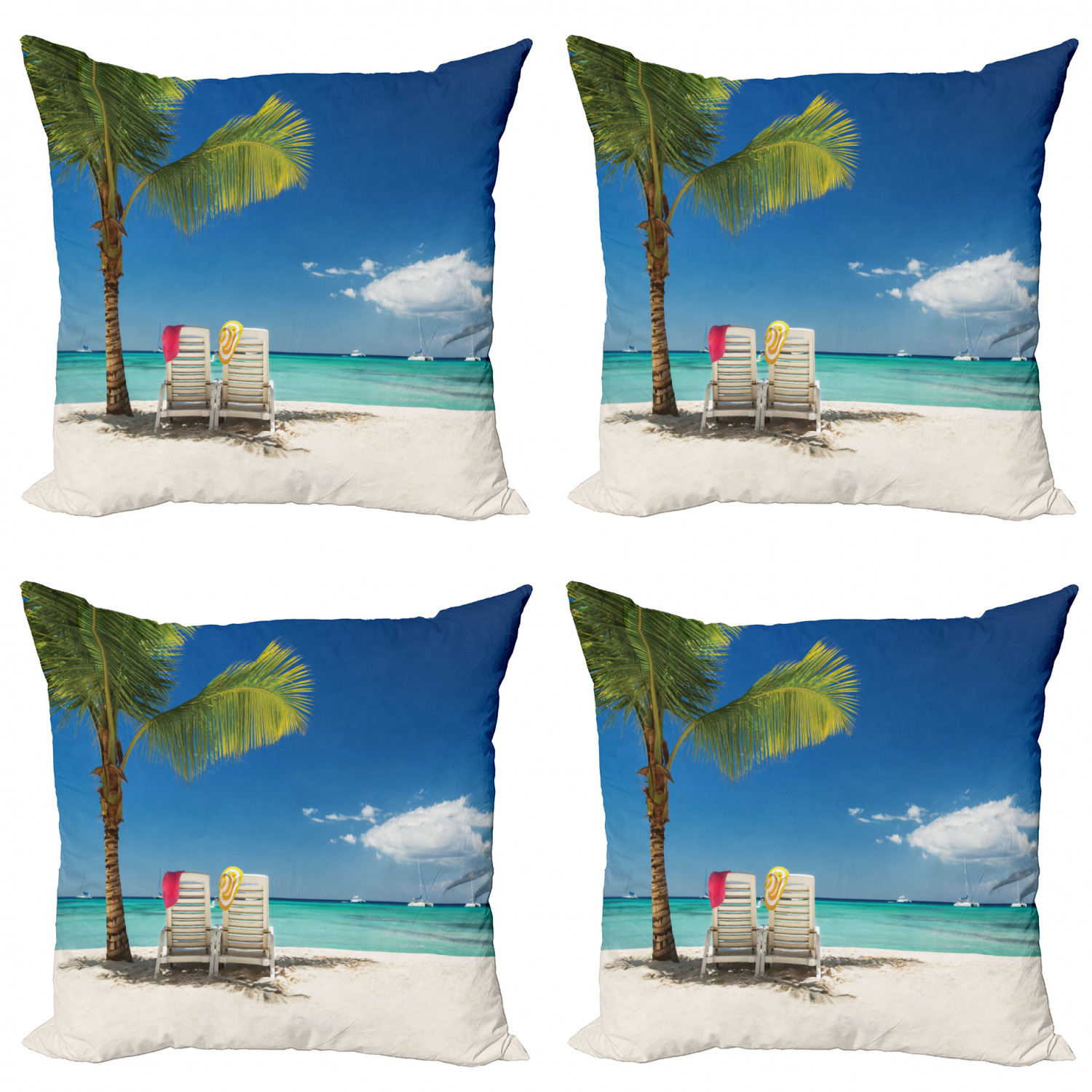 Seaside Throw Pillow Cushion Case Pack of 4, Relaxing Scene on Vacation