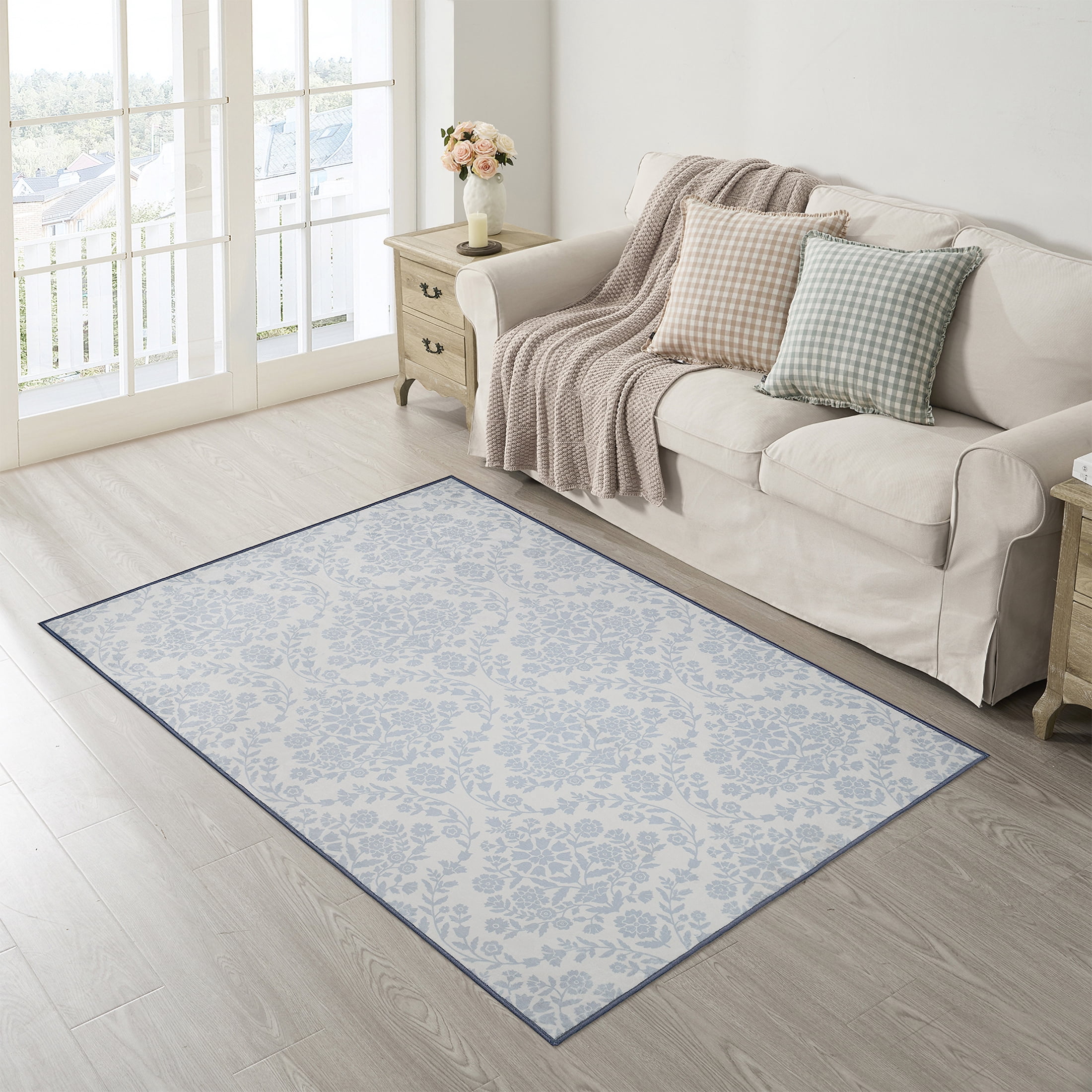 My Texas House Blue Floral Medallion Machine Washable Indoor Area Rug, 5' x 7'