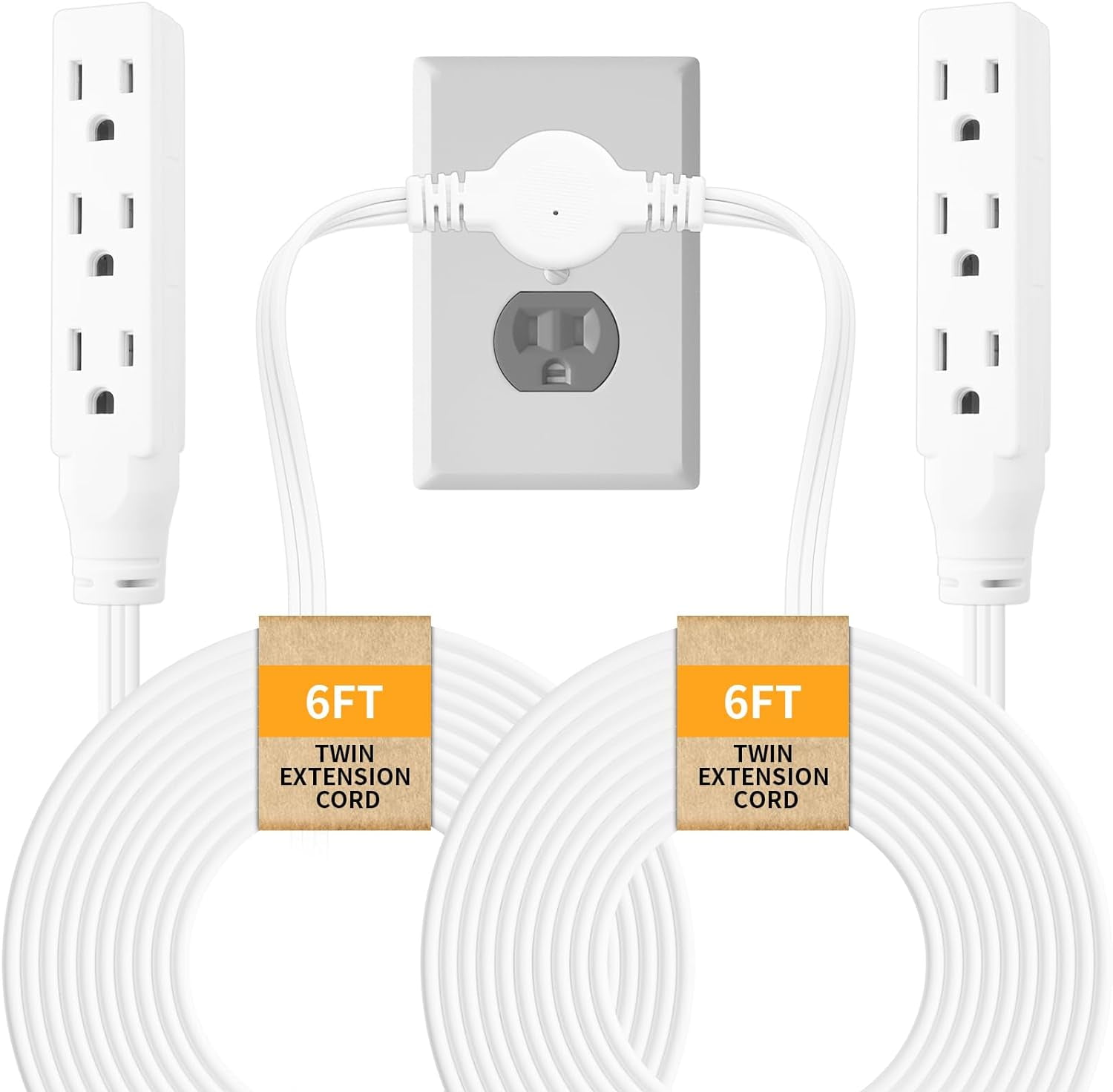 Twin Extension Cord, 24 Ft Flat Wall Plug, 12 Feet on Each Side, 3 Prong Power Strip with 6 Outlets, Double Extension Cord Splitter for Behind Bed, Couch, Nightstand, Furniture, White