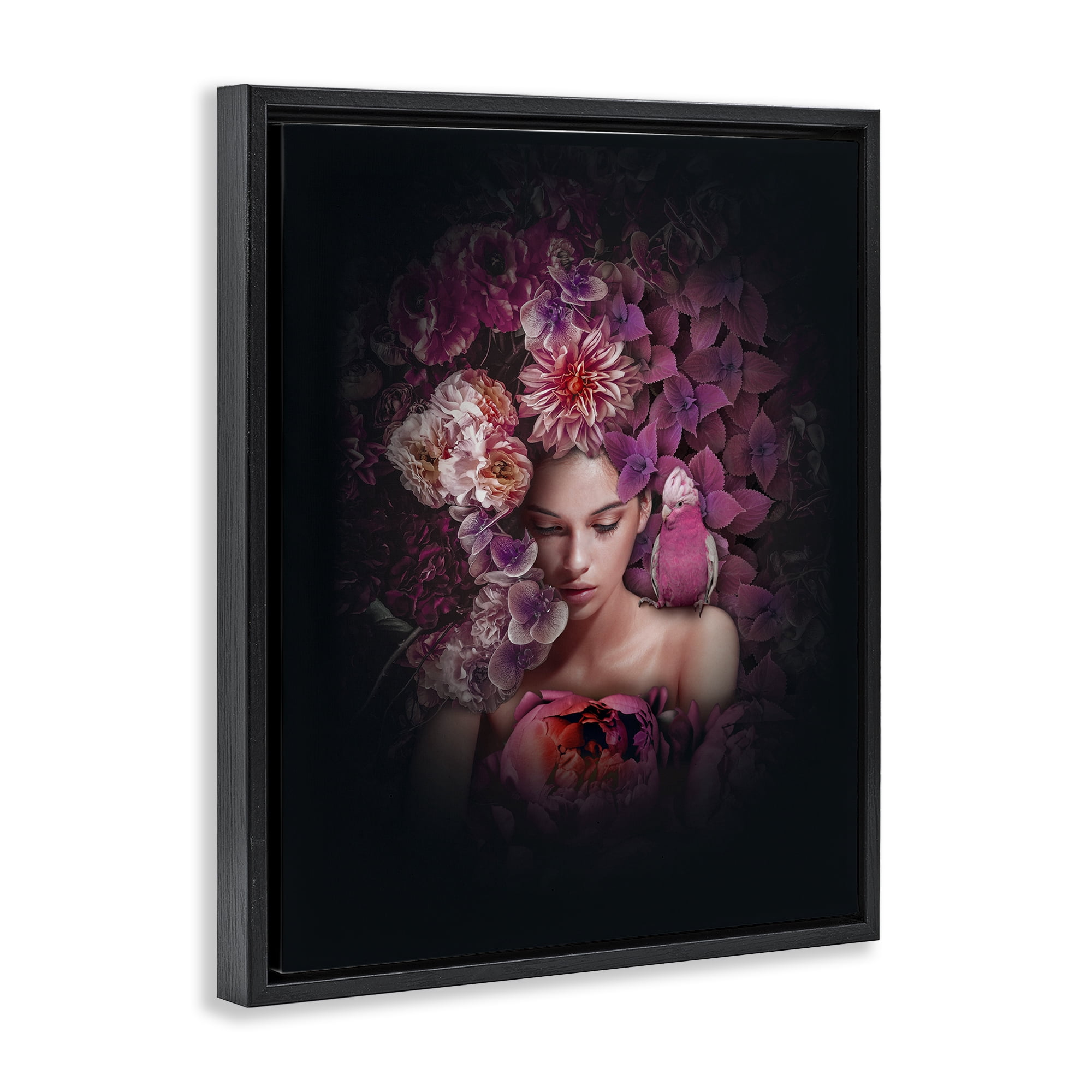 Stupell Industries Circular Flowers Woman Plants & Flowers Painting Black Floater Framed Canvas Art Print Wall Art, 17 x 21