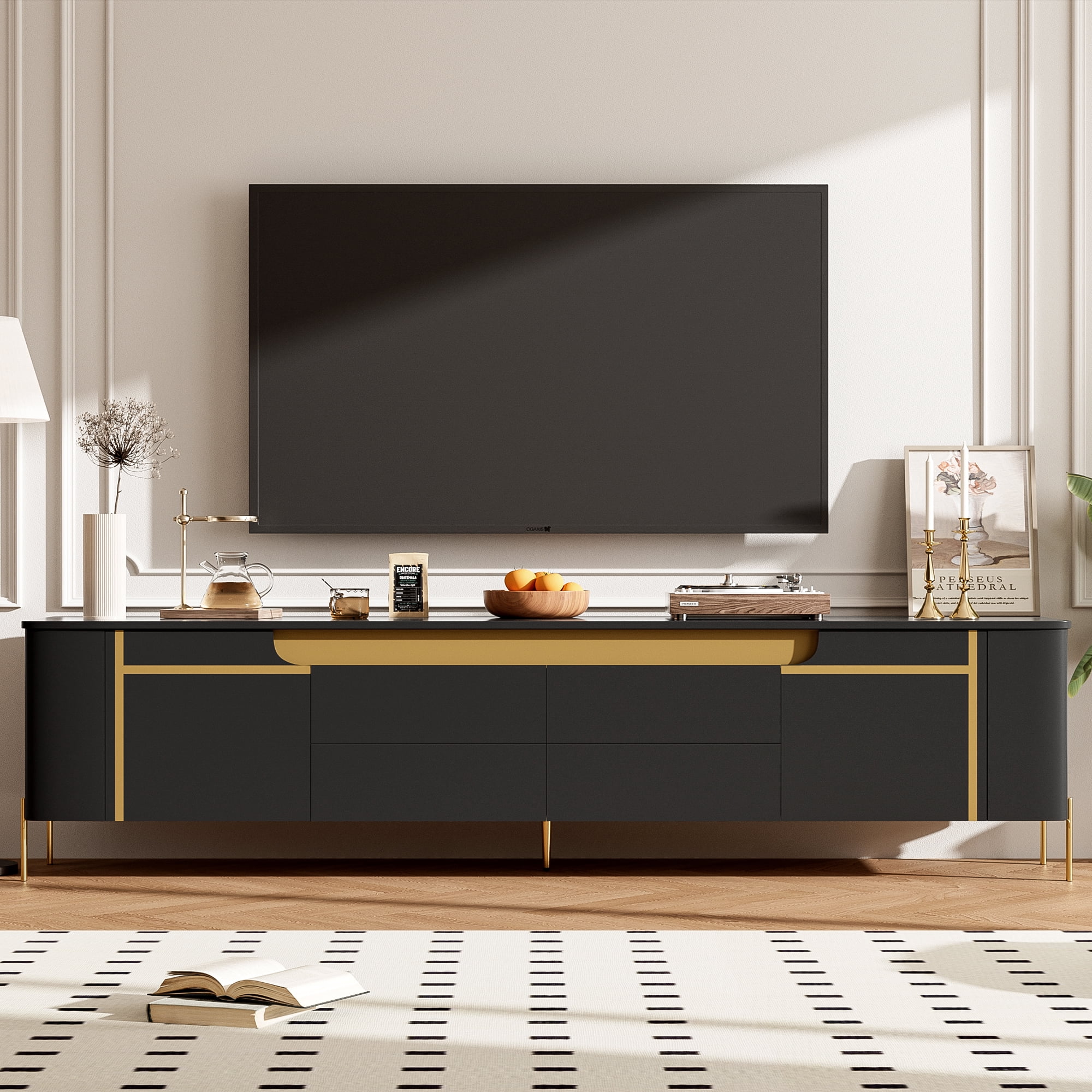 Euroco Light Luxury TV Stand with 2 Cabinets and 4 Drawers – Gold Metal Legs, Cable Management, Concealed Handles – Modern Entertainment Center for Living Room