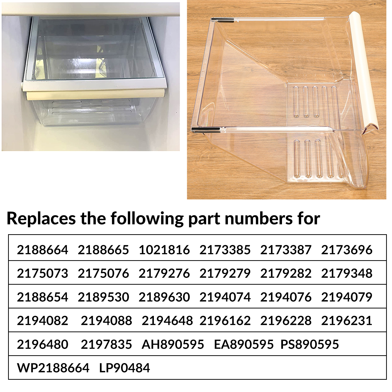 Kojem WP 2188664, Frigidaire Crisper Pan Drawer Bin, Replacement Fit for Whirlpool, Kenmore, Maytag, Refrigerator, Clear Crisper Pan Bottom Drawer
