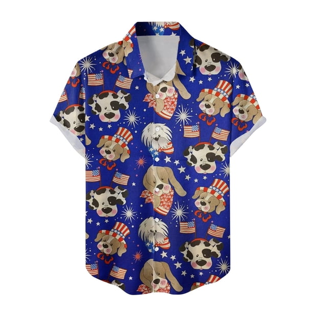 Camisas Manga Larga Hombre Camisa de manga corta con estampado de patchwork con estampado del Día de la Independencia de los Estados Unidos para hombres Camisa de manga corta con botones (Blue, 3XL)