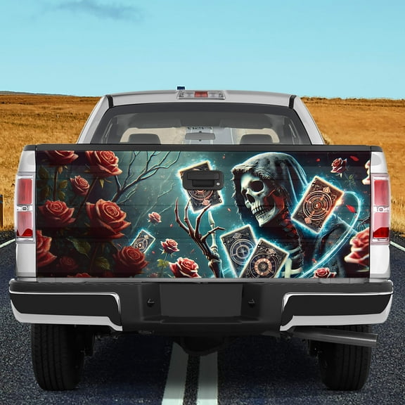 Lotusprinthandmade Floral Skull Horror Halloween Tailgate Wrap 2 Sizes (24"x58"), floral skull tailgate decal, skeleton with floral truck wrap
