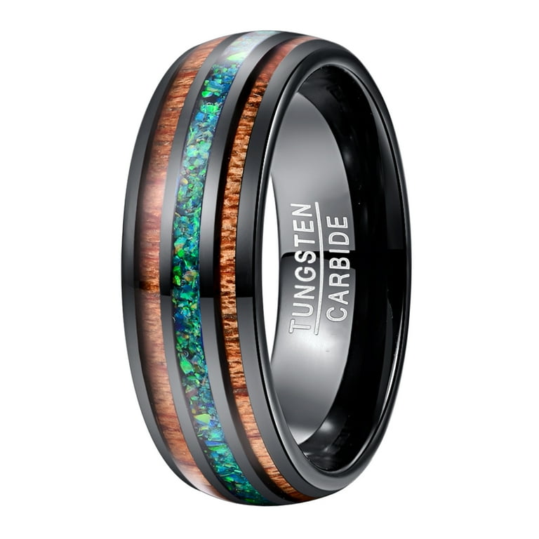 8mm Mens Black Tungsten Rings Green Created Opal and Hawaiian Koa