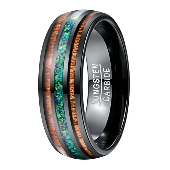 8mm Mens Black Tungsten Rings Green Created Opal and Hawaiian Koa Wood Inlay Wedding Band