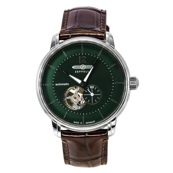 Zeppelin LZ 120 Bodensee Leather Strap Open Heart Green Dial Automatic 81664 Men's Watch