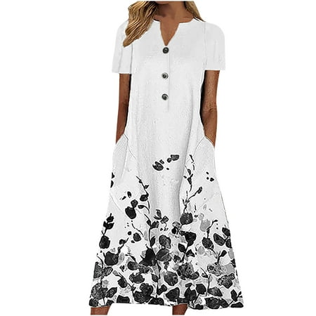 

Plus Size Short Sleeve Button Maxi Dresses for Women Summer Boho Floral Comfy V Neck Dress Casual Loose Swing Cover-Up Dress