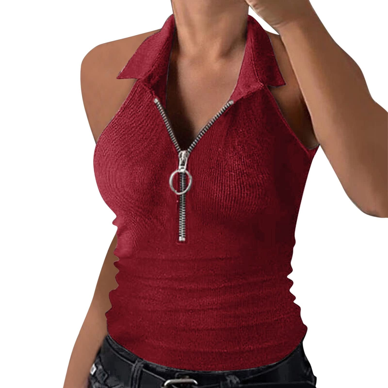 Women Lapel Collar Zipper Sleeveless Ribbed Knit Tank Top