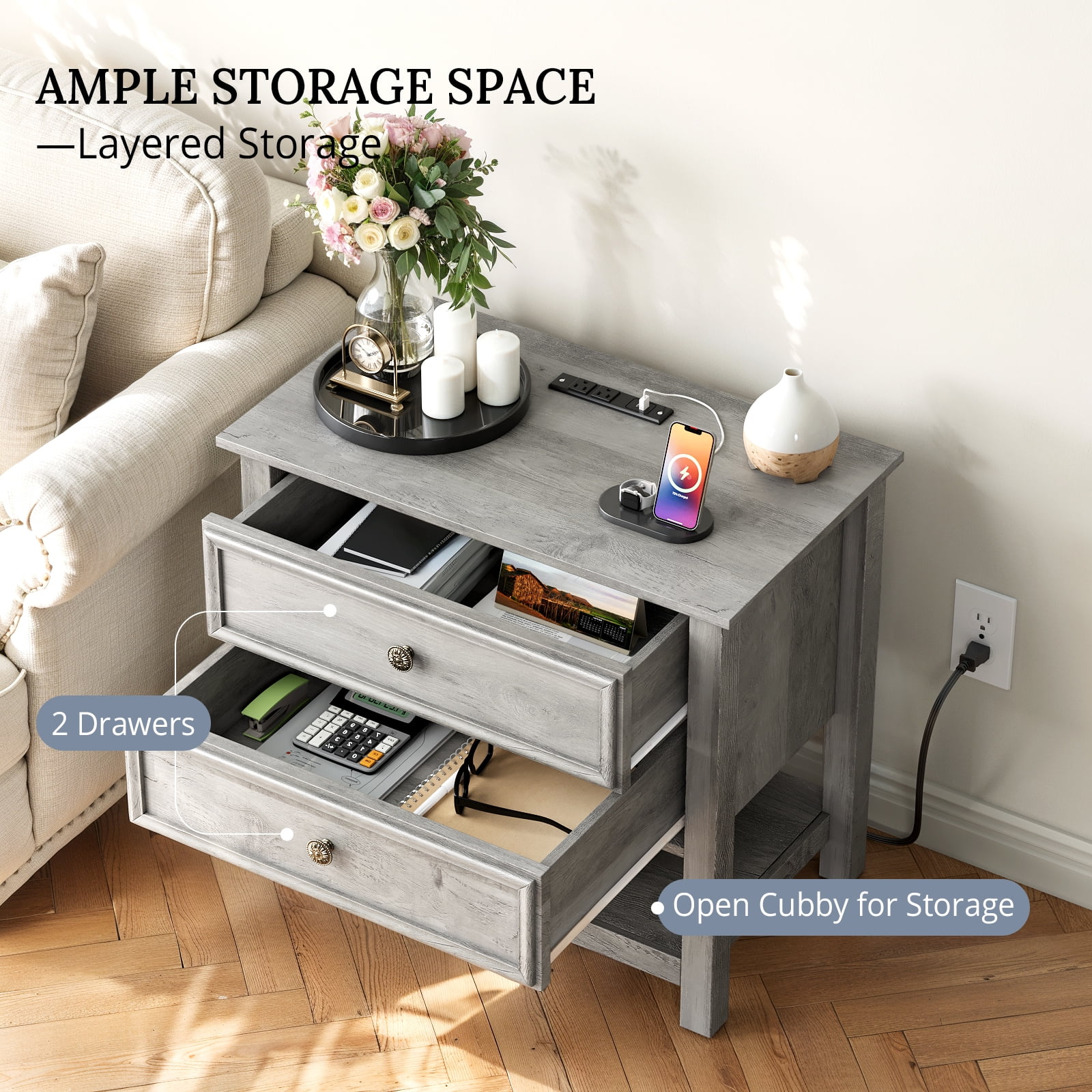Holliwill 26.7" Wide Nightstand with Charging Station, Farmhouse Nightstands with 2 Drawers and Open Storage, End Table Bedside Table for Bedroom Living Room, Gray