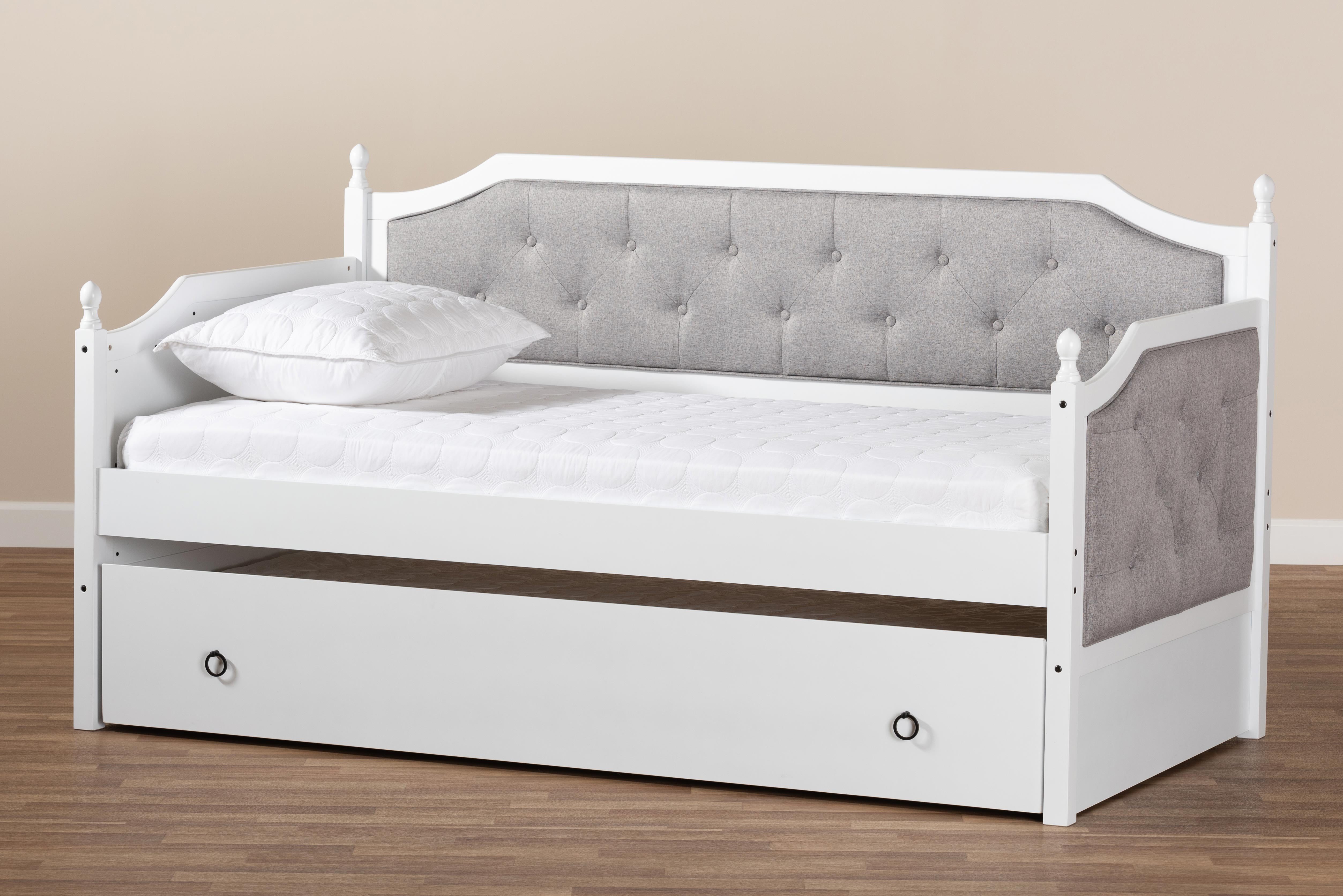 Baxton Studio Mara Classic and Traditional Grey Fabric Upholstered White Finished Wood Twin Size Daybed with Trundle