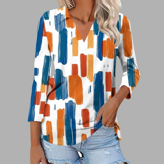 Viluyesy Women's 3/4 Sleeves T-Shirt Lapel Collar Shirt Tops Lapel Collar Loose Blouse Orange Size S