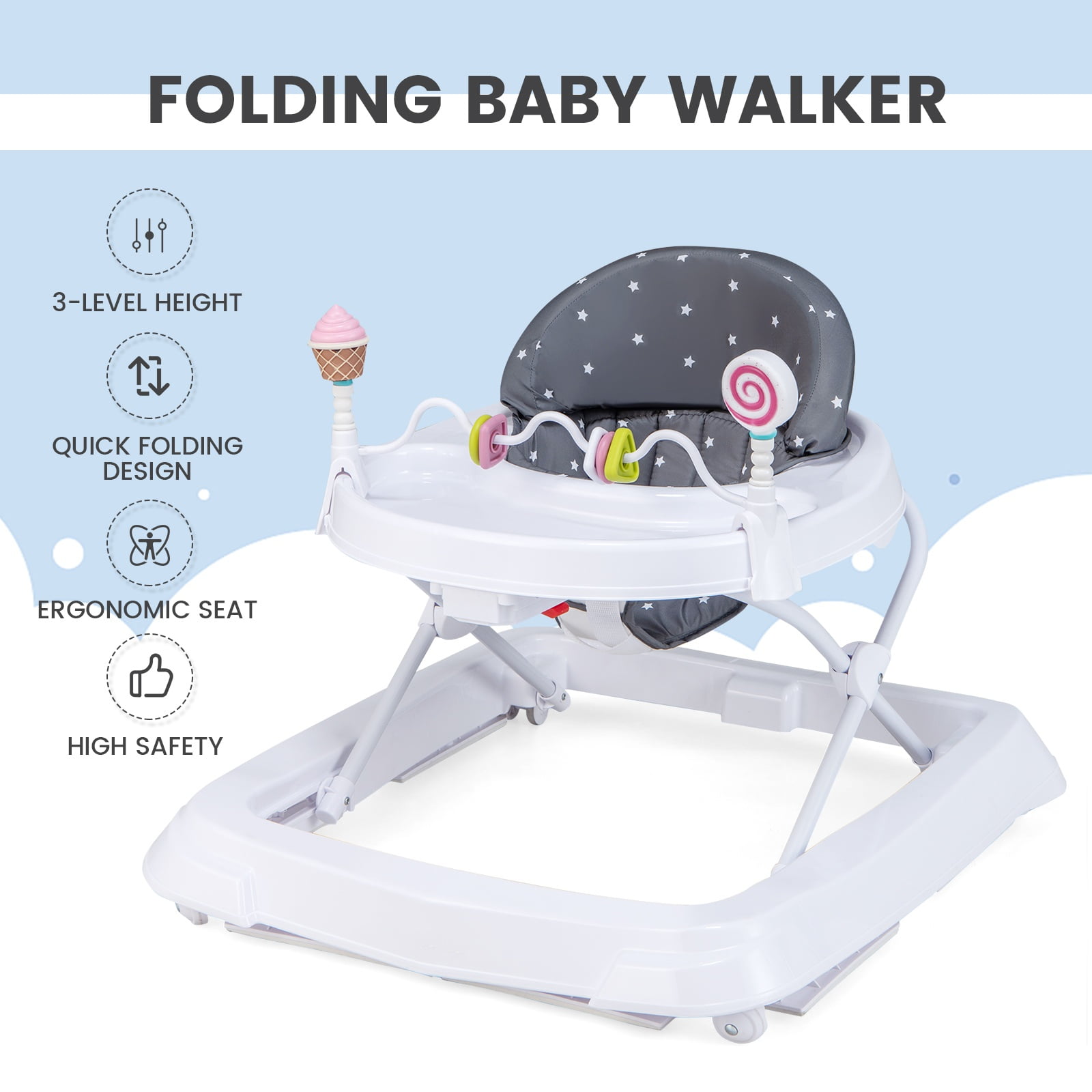Infans Foldable Baby Activity Walker w/ Adjustable Height & Detachable Seat Cushion