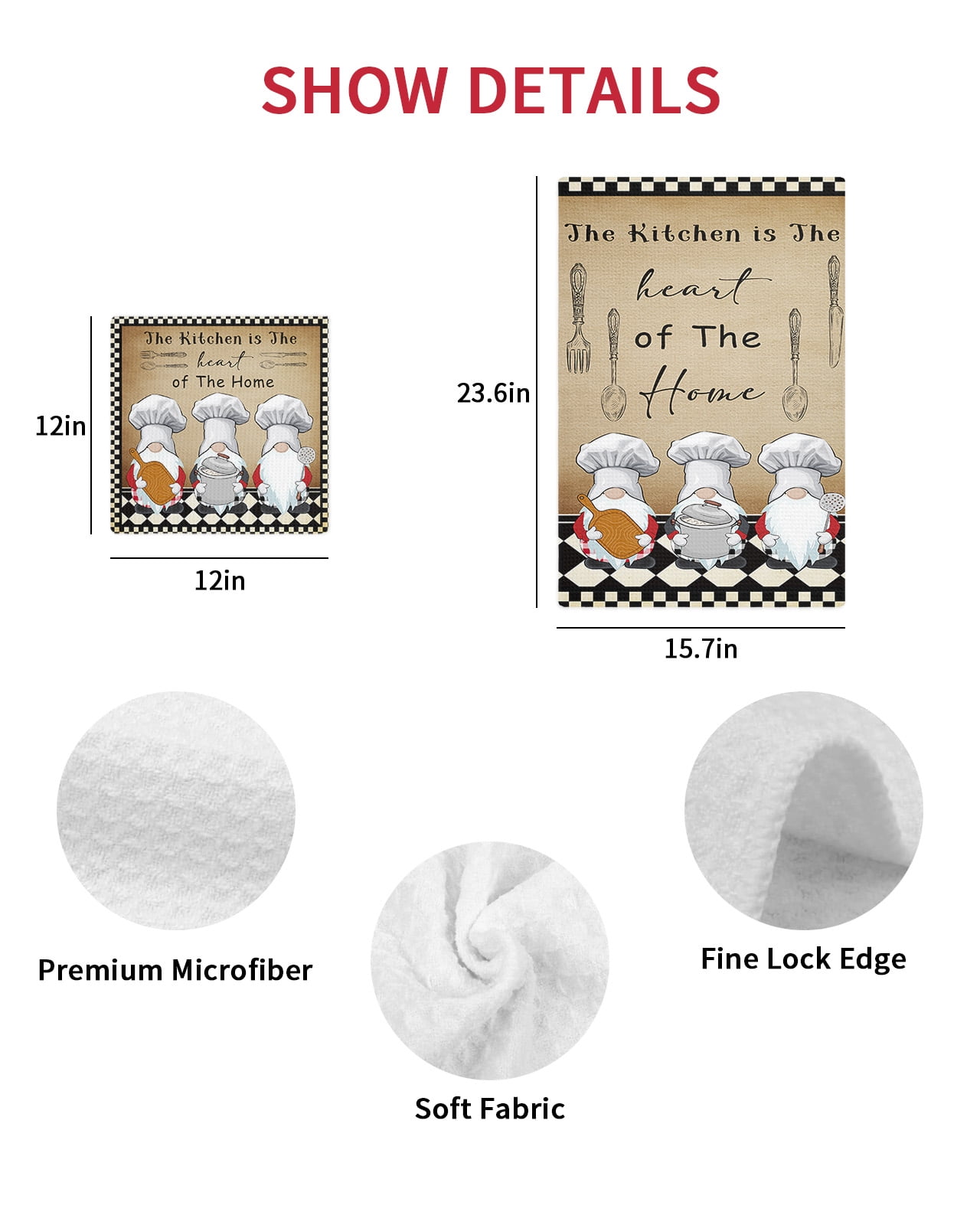 Farmhouse Chef Gnomes Dish Towels Set, Waffle Weave Kitchen Towels 3 Pieces, Vintage Black White Plaid Microfiber Hair Face Bath Tea Towel Absorbent Quick Drying Cleaning Dish Cloths, 12"x12"