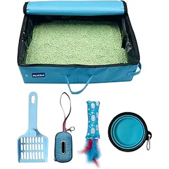 PetLike Collapsible Travel Cat Litter Box Set with Accessories, Leak-Proof Portable Toilet Tray for Regular Sized Cats, Blue