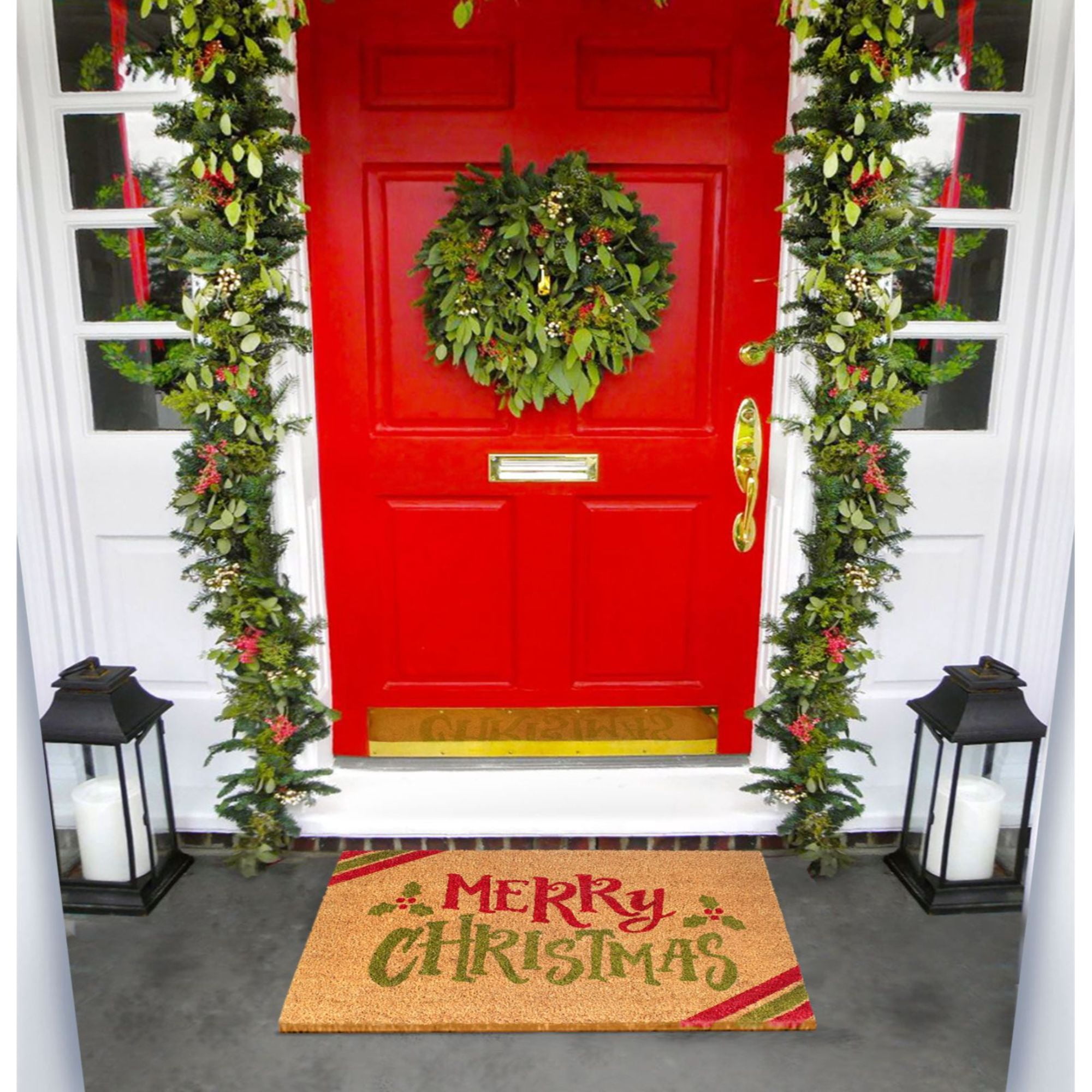 Rugsmith Red Machine Tufted Holiday Merry Christmas Diagonal Stripes Doormat, 18" x 30"