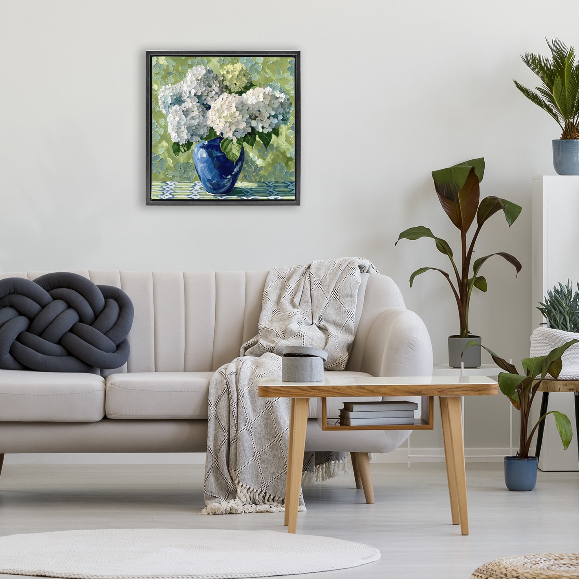 Stupell Industries White Hydrangeas in Blue Vase Black Framed Floater Canvas Wall Art, design by Gina Kelly
