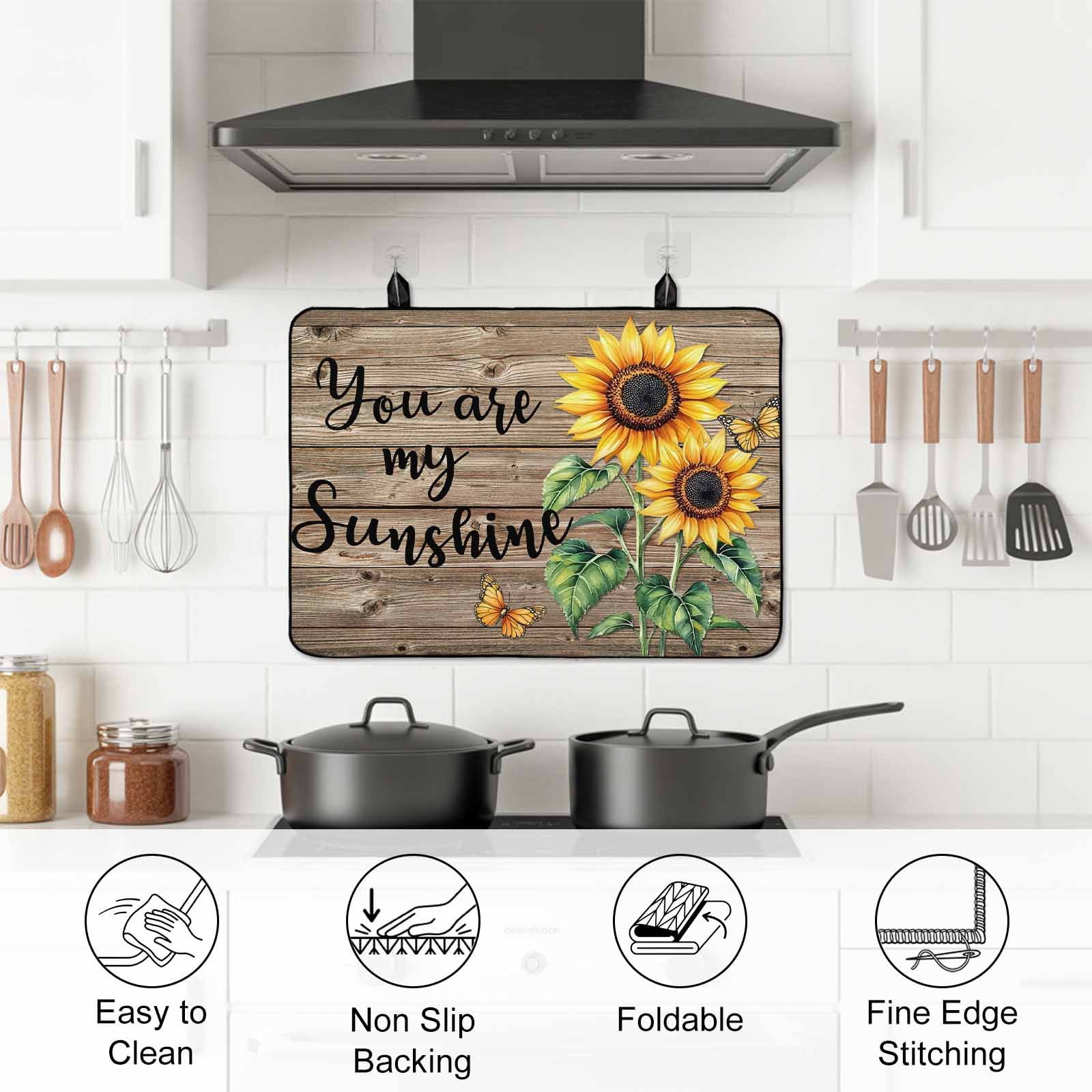 Sunflower Yellow Stove Top Cover for Electric Stove, Heat-proof & Non Slip Glass Top Stove Cover Protector, Sunshine Butterfly Farmhouse Wood Brown Kitchen Flat Cooktop Rubber Mat 24x21 Inches