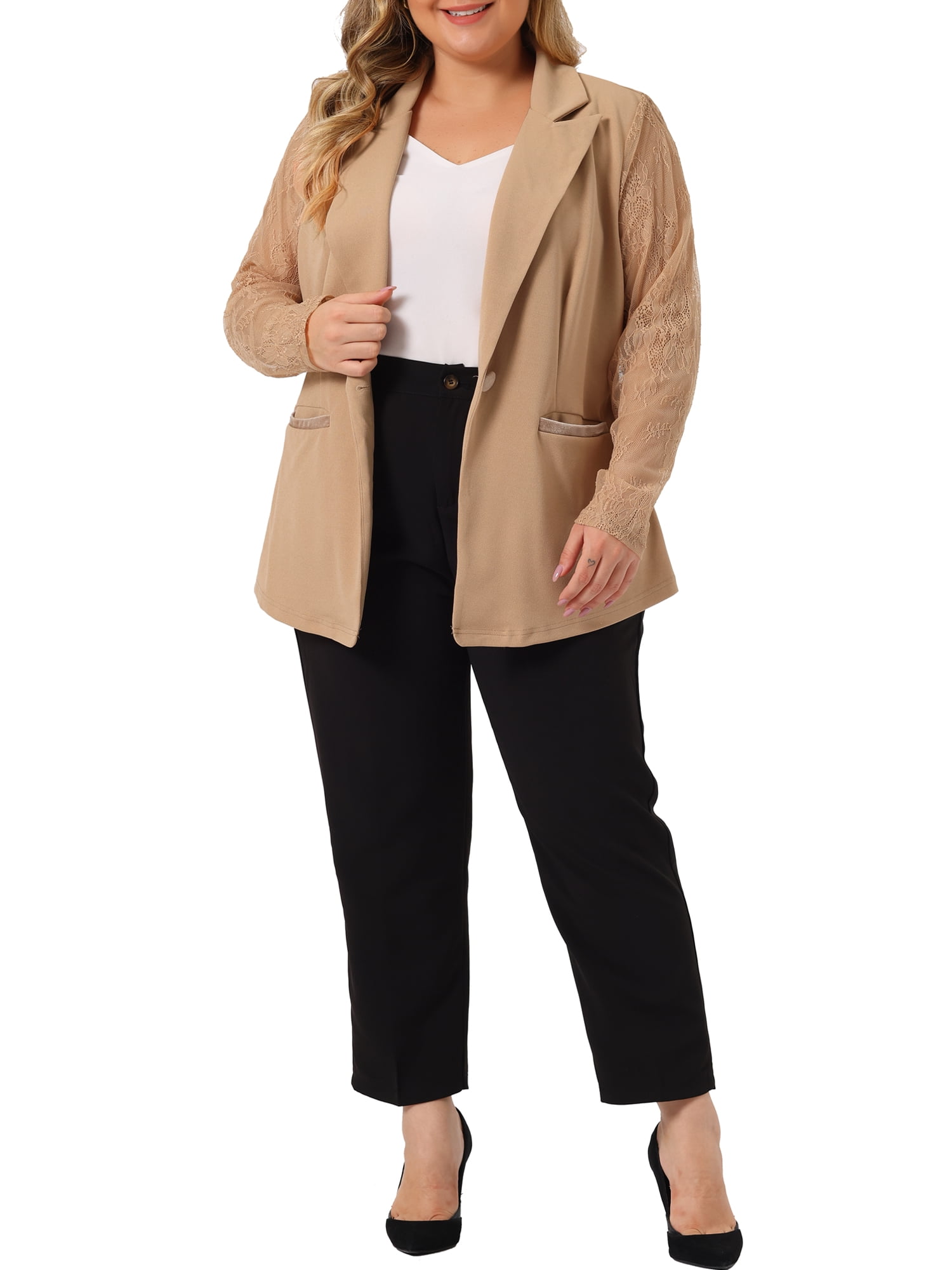 Unique Bargains Women's Plus Size Work Notch Lapel Lace Front Blazers Jackets 4X Khaki