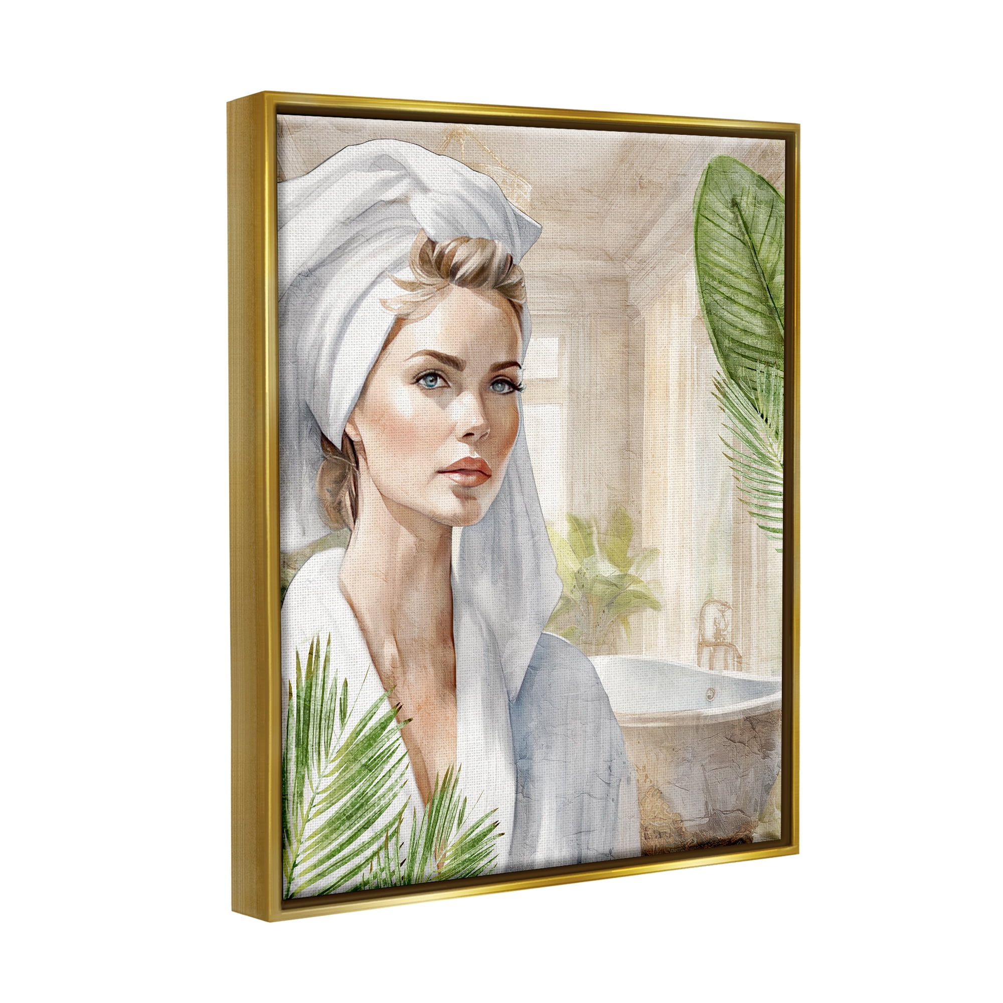Stupell Industries Fashionista Bathroom Portrait Abstract Painting Gold Floater Framed Canvas Art Print Wall Art, 17 x 21