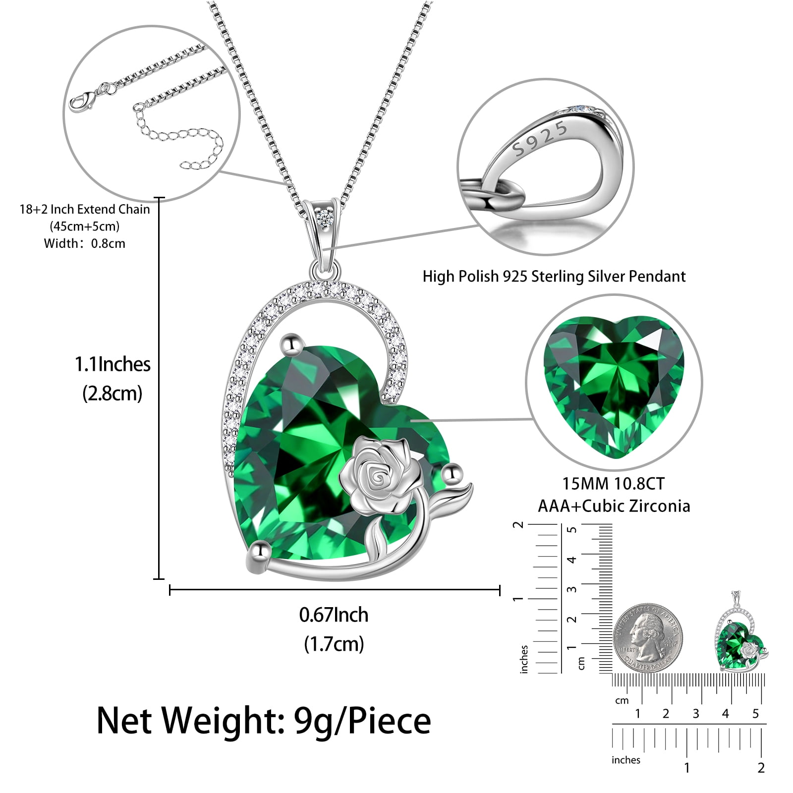 Juwaliy 925 Sterling Silver 15MM Heart Necklace Women May Birthstone Emerald Jewelry Green Rose Flower Pendant Birthday Christmas Mother's Day Gift