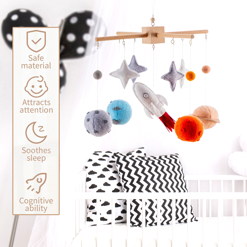 Planet Crib Bell – Baby Bed Hanging Wind Chime with Stars & Rocket Pendants, Wooden Rotating Swaying Bell for Newborn Infant Sensory & Nursery Room Decoration