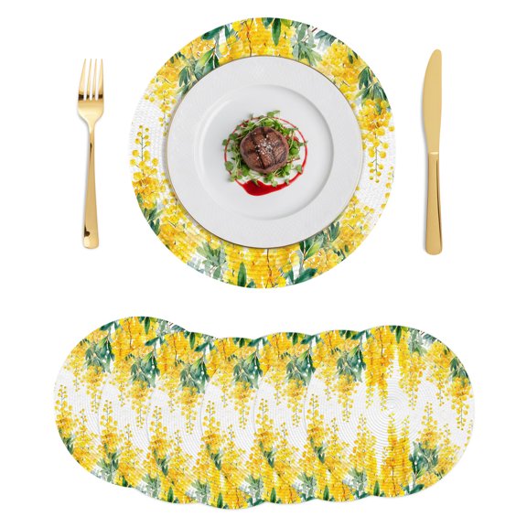 Round Placemats Spring Floral Botanical Watercolor 15 inch Set of 6 Table Mats for Dining Table Yellow Flowers Heat Resistant Non-Slip Kitchen & Home Decorative Place Mat Set