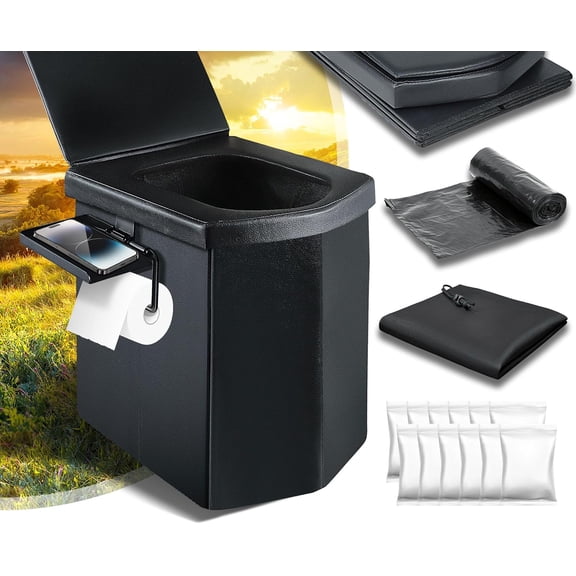 Portable Toilet with Lid, Folding Travel Toilet with Carry Bag and Paper Holder, Compact Potty for Car, Truck, RV, Tent