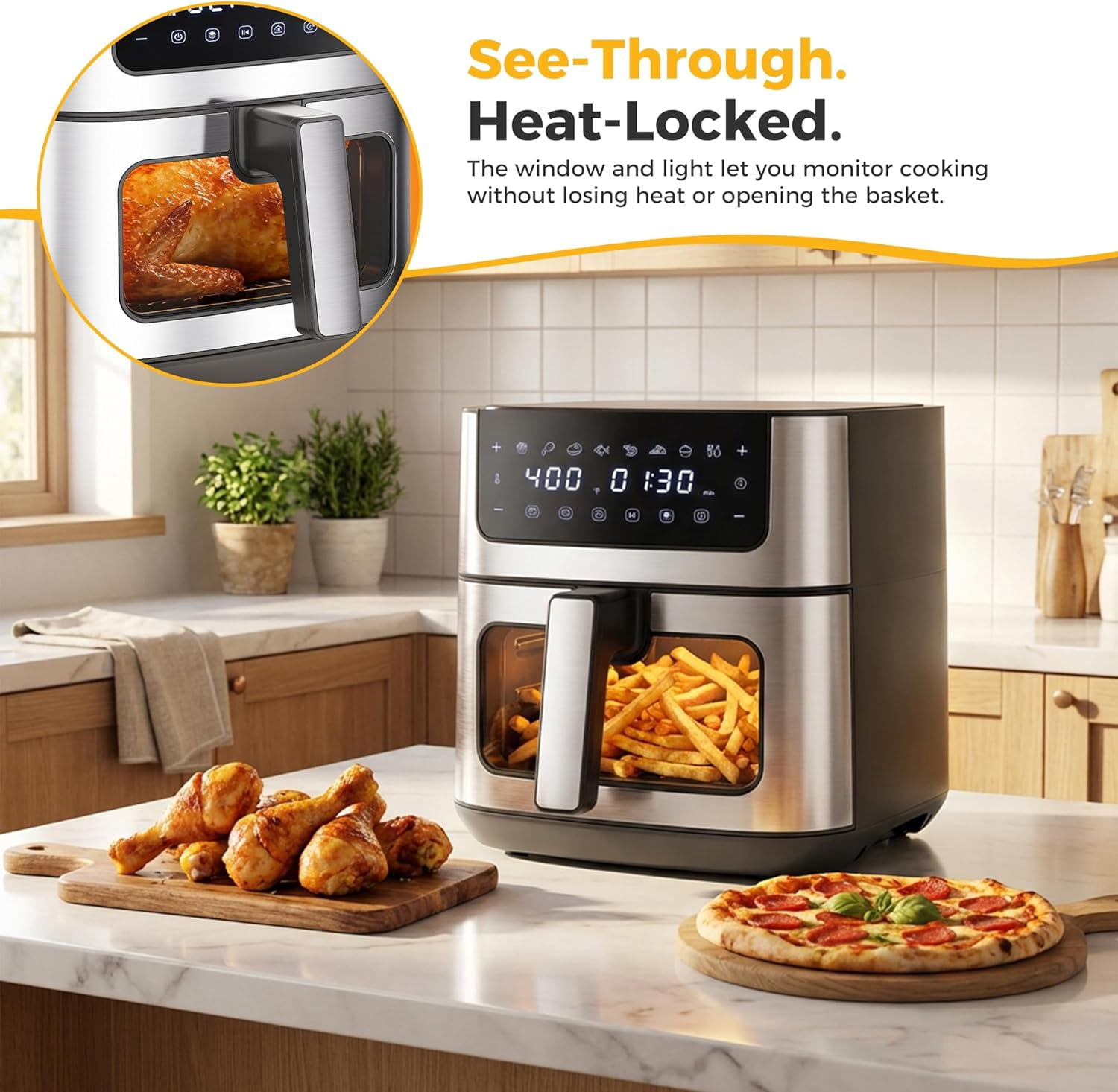 Air Fryer 6.34QT, Airfryer with Visible Window, 400 ℉ Fast Heating Air Fryers Oven with Nonstick and Dishwasher-Safe Basket, 8-in-1 Cooking Preset, Timer，Auto-Off, Stainless Steel, White
