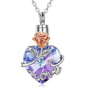 SJENERT Heart Urn Ashes Necklace Love Rose Flower Crystal Cremation Jewelry for Women Female (Blue purple rose)