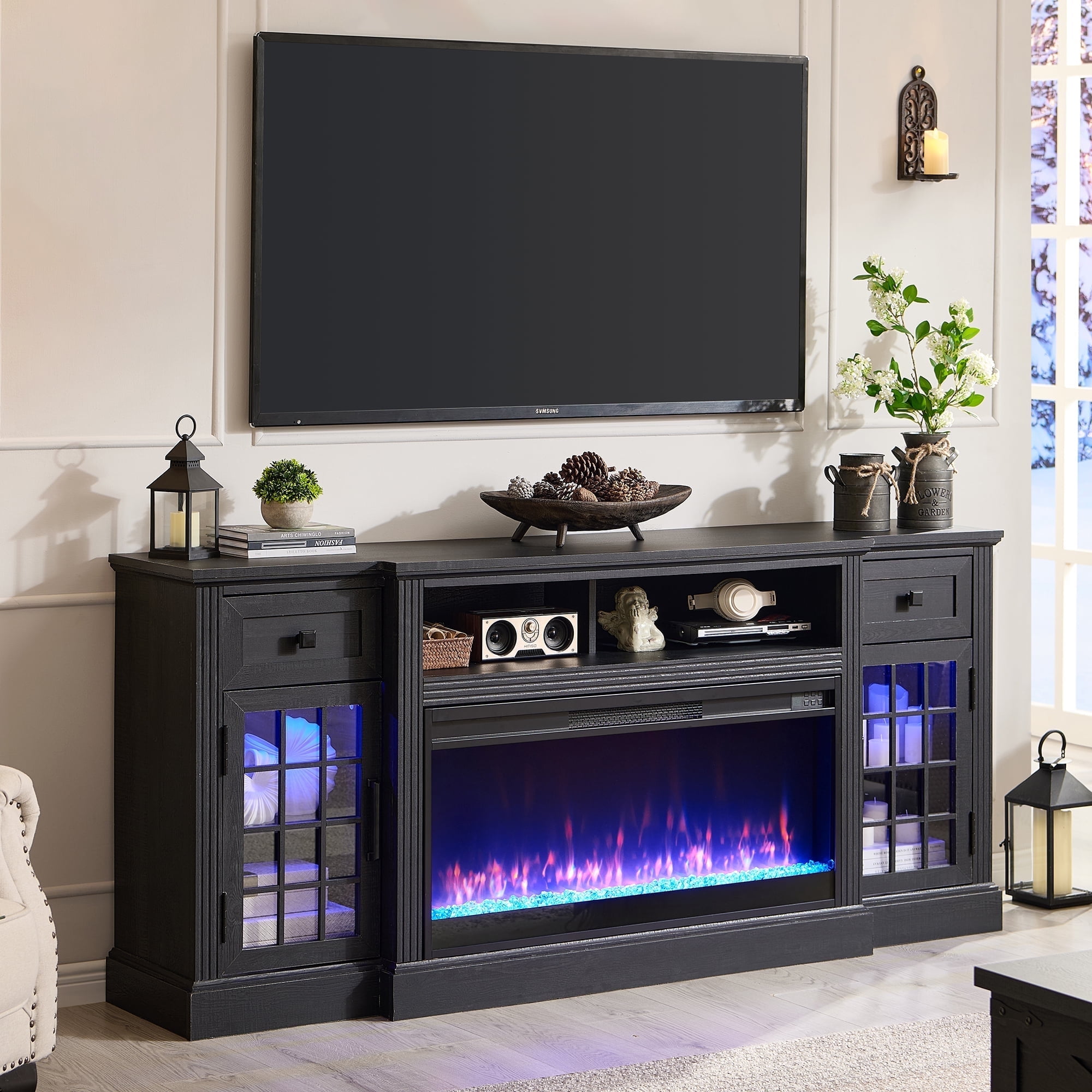 T4TREAM LED Fireplace TV Stand for TVs up to 80" , Farmhouse Entertainment Center with 36" Electric Fireplace and Storage Drawer, Black