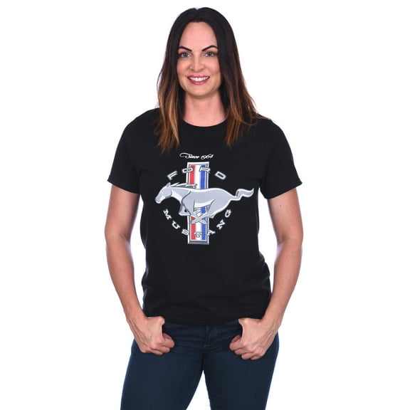 JH Design Group Women's Ford Mustang Classic Tri-Bar Pony Emblem T-Shirt Black Red Heather-Gray