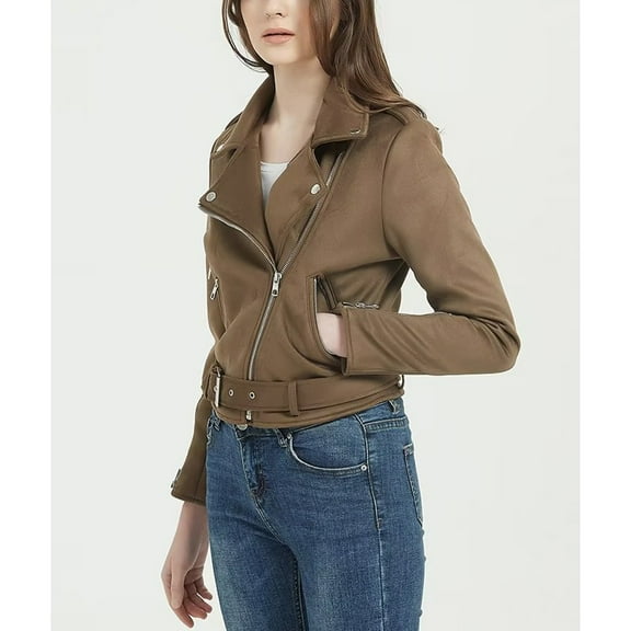 Usmixi 2023 Bomber Jacket for Women Winter Side Open Zip up Jacket for Women Fashion Lapel Slim Belt Faux Leather Coat Long Sleeve Casual Solid Ladies Short Outwear with Pocket Weekly