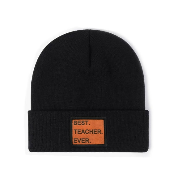 Waldeal Best Teacher Ever Beanie Hat, Leather Patch Soft Knit Cuffed Winter Hat for Men, Teacher Appreciation Gifts