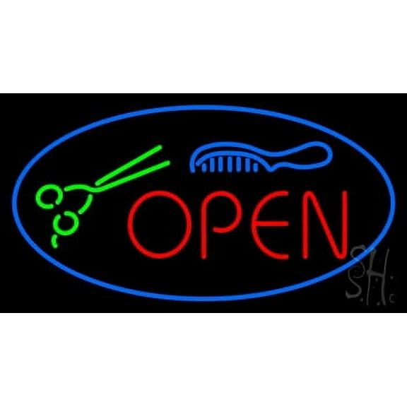 Open Scissor and Comb Logo LED Neon Sign 13 x 24 - inches, Black Square Cut Acrylic Backing, with Dimmer - Bright and Premium built indoor LED Neon Sign for Defence Force.