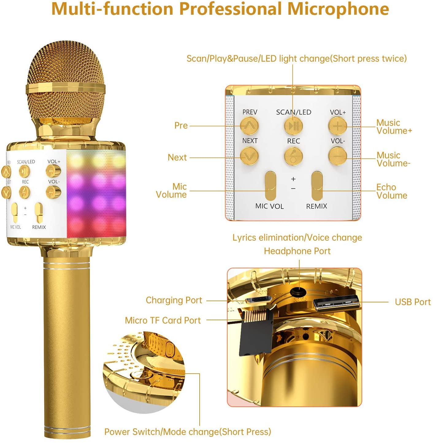 Family Karaoke Microphone, Wireless Bluetooth Karaoke Microphone with LED Lights, Portable Handheld Mic Speaker Machine, Great Gifts Toys for Girls Boys Adults All Age