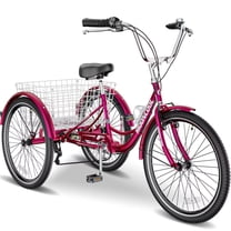 Lilypelle 26" Wheels 7 Speed Tricycle with Shopping Basket for Adult Seniors,Low Step Through Bike,Rose Red