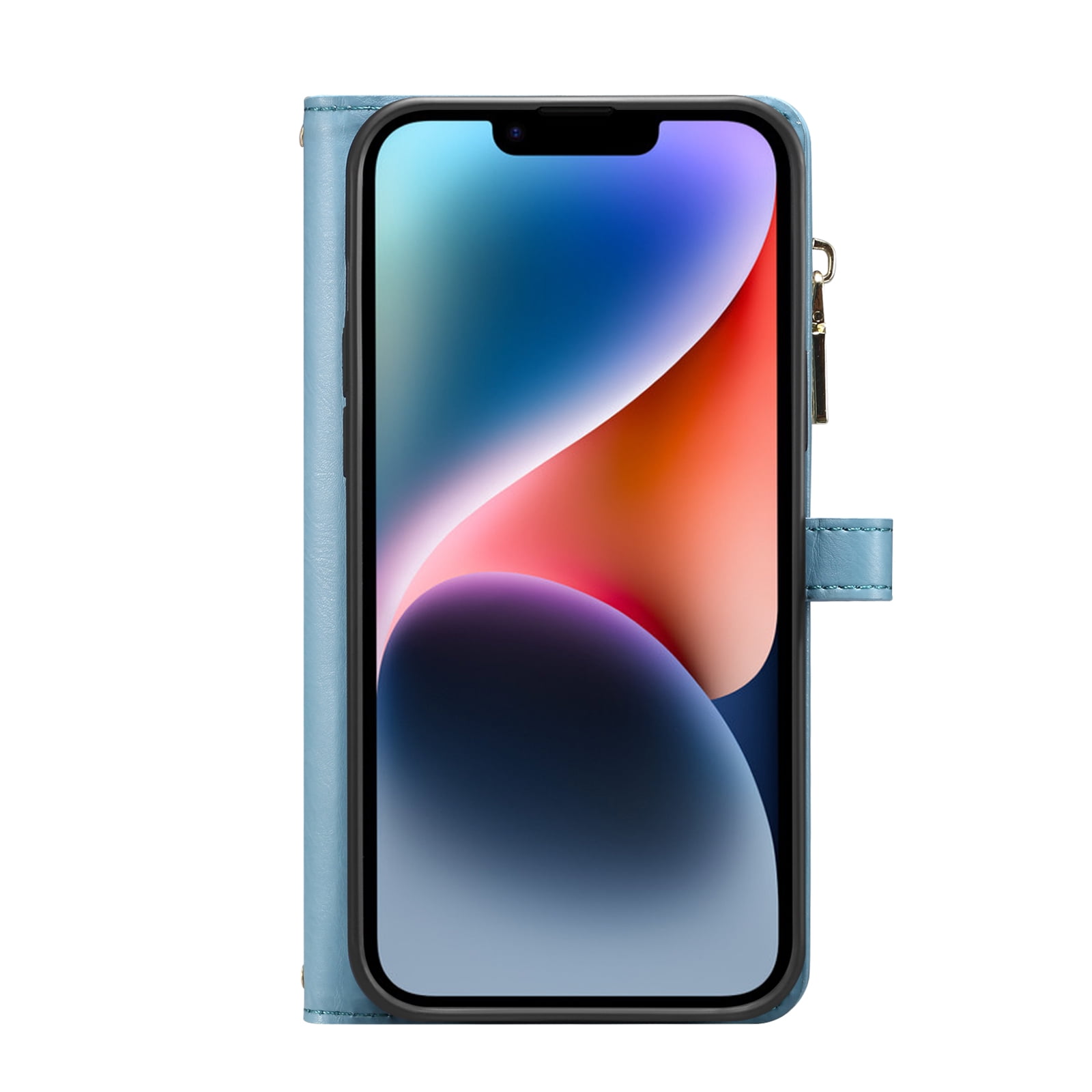 Dteck Wallet Case for iPhone 13 6.1 Inch, Leaf Pattern Luxury PU Leather RFID Blocking Card Slots Holder Zipper Pocket Flip Case with Kickstand Magnetic Crossbody Strap Phone Cover,Blue
