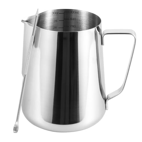 900ml Stainless Steel Milk Frothing Pitcher with Measurement Marks,32oz Steaming Pitcher for Coffee,Cappuccino,Latte Art Milk Jug Cup for Home & Professional Use (1)