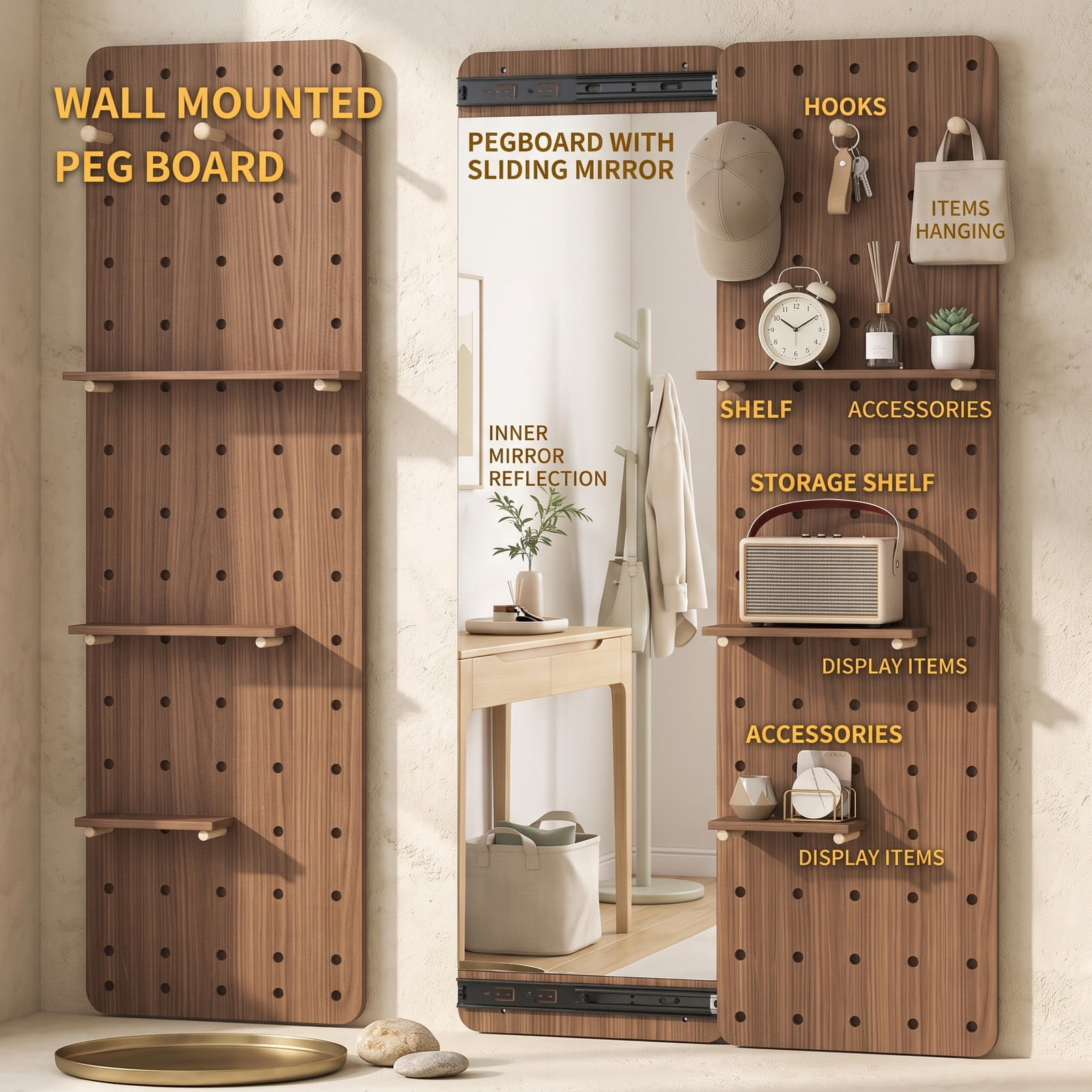 ALPULON Solid Wood Full Length Mirror with Sliding Pegboard, Shelves and 3 Hooks, Wall Mounted HD Floor Mirror for Entryway Bedroom Closet, Brown