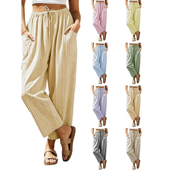 Miluxas Women's Striped Wide Leg Pants High Waist Drawstring Casual Loose Trousers with Patch Pockets Lightweight Summer Street Vacation Pants Yellow