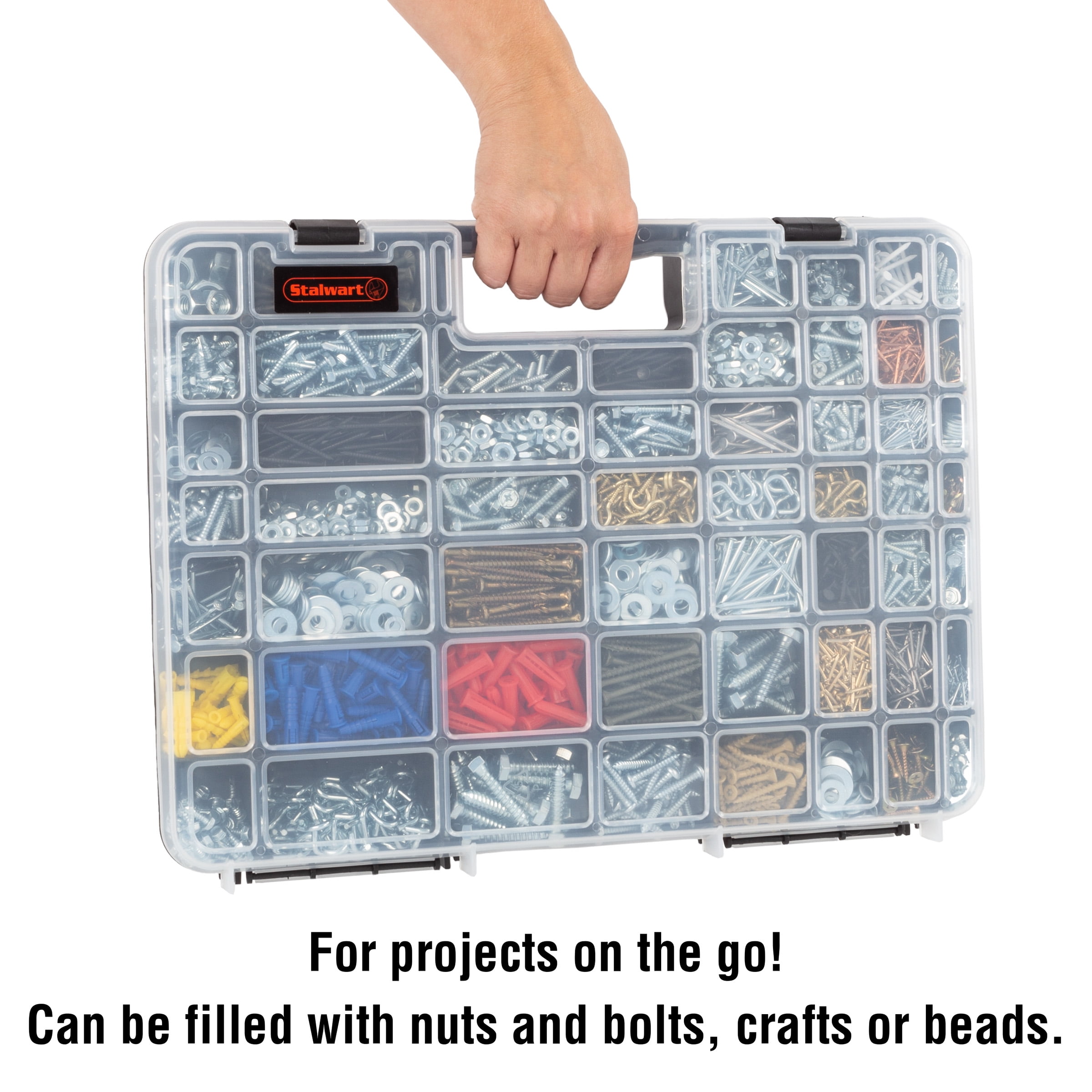 Portable Storage Case with Secure Locks and 14 Small Bin Compartments for Hardware Nails Bolts Jewelry and More by Stalwart Screws Beads Nuts 