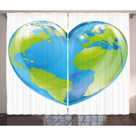 Earth Curtains 2 Panels Set, Vibrant Globe of Earth in Heart Shape Love The World Care for Environment, Window Drapes for Living Room Bedroom, 108W X 84L Inches, Light Blue Lime Green, by (Best Lighting For Office Environment)