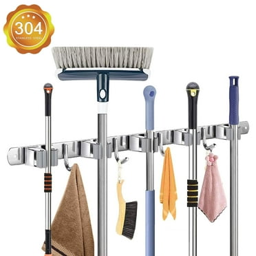 Fabulas Broom Holder Wall Mount with 5 Racks and 4 Hooks, Stainless Steel Heavy Duty Broom Wall Mount with Self Adhesive for Home Kitchen Garden Laundry Room Organization and Storage