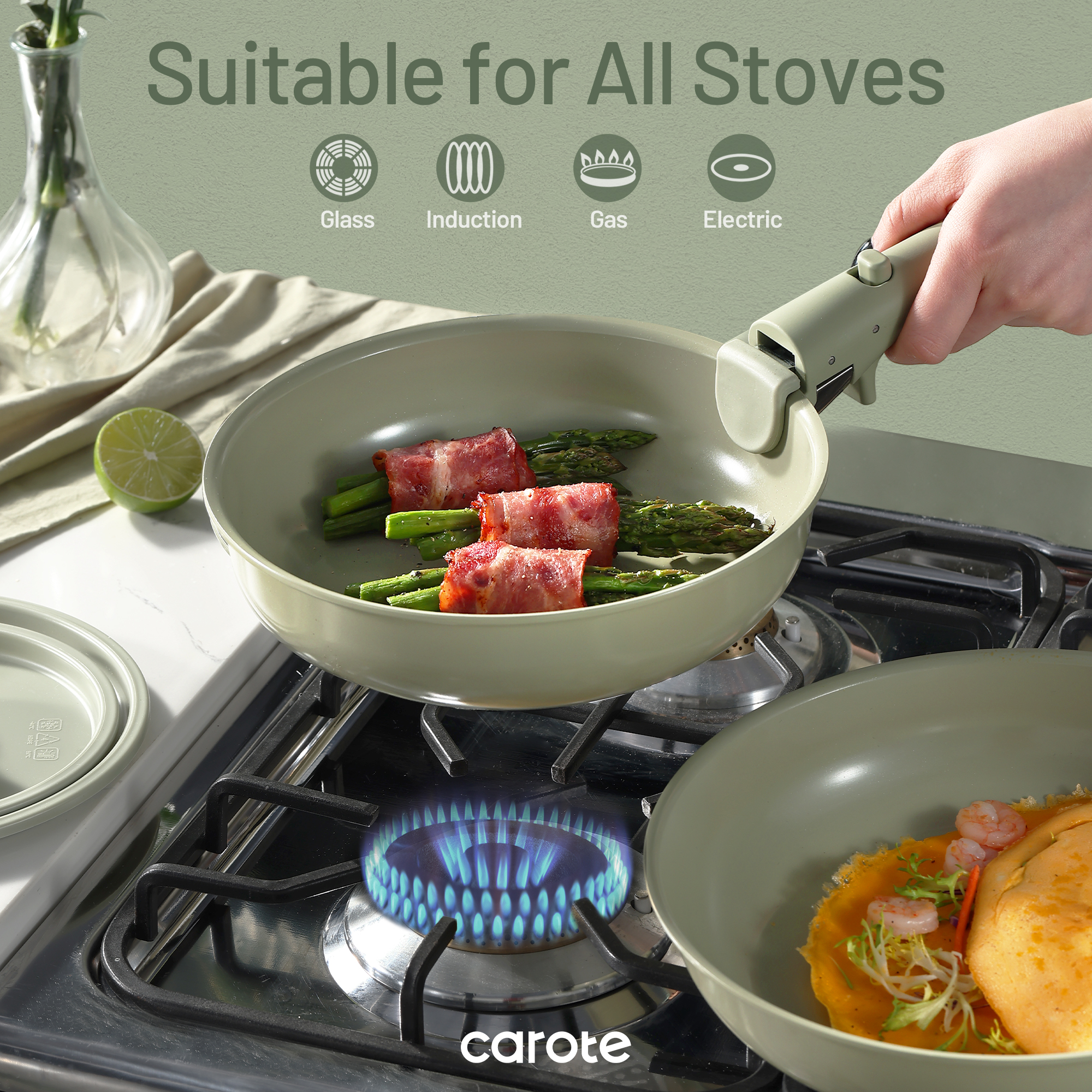 Carote 16-Piece Ceramic Nonstick Cookware Set, Pots and Pans Set with Detachable Handle, Induction Compatible, Oven & Dishwasher Safe, Sage Green