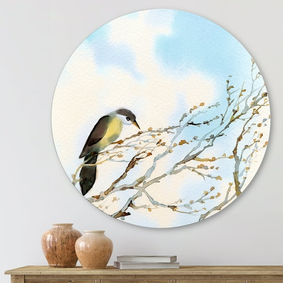 Designart - Bird On Old Bare Tree With Blue Cloudy Sky - Traditional Metal Circle Wall Art